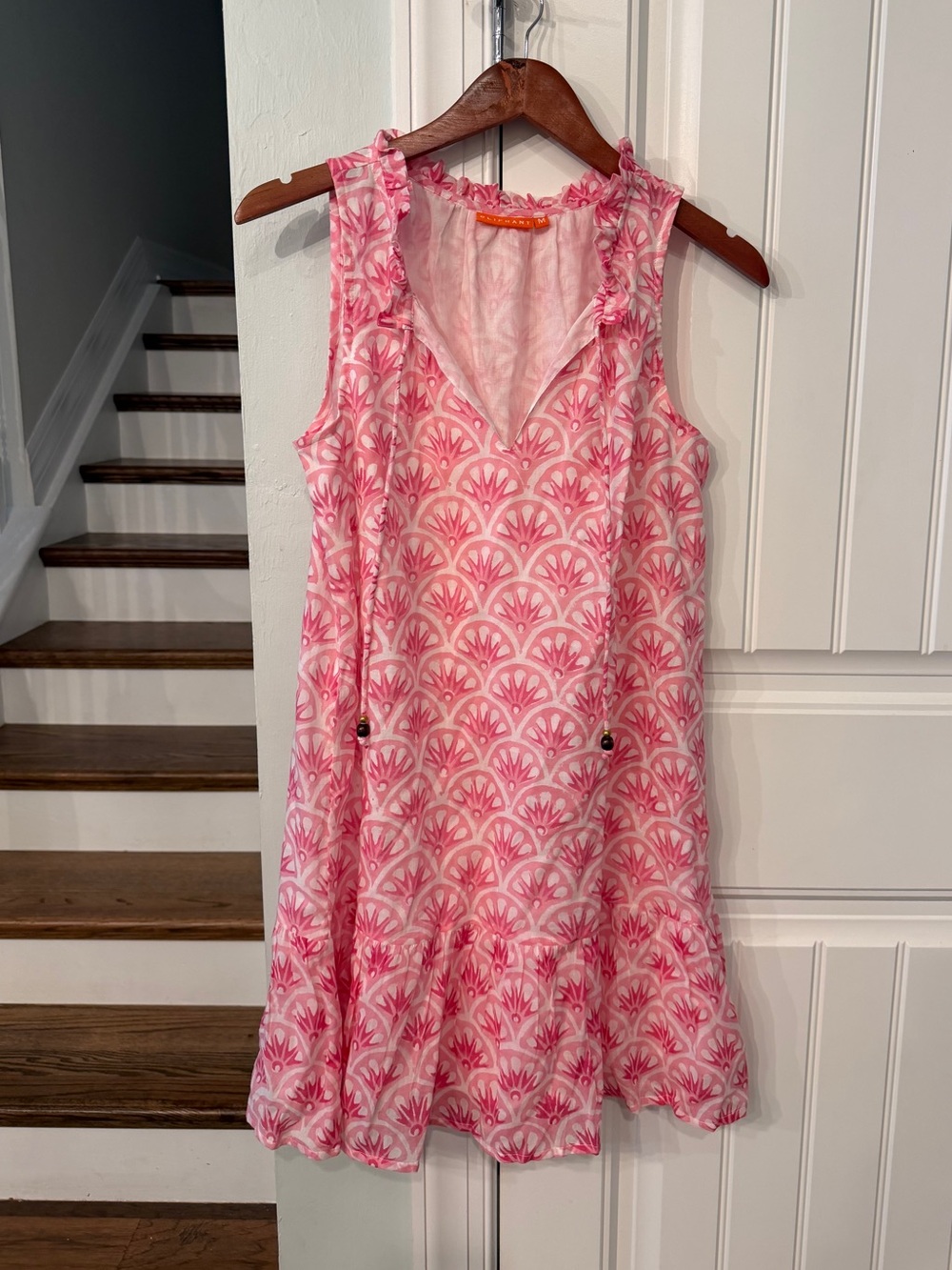Oliphant Pink White Block Print Ruffle Neck Mini Dress Medium 100% Cotton